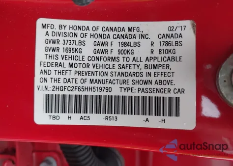 2017 Honda Civic Lx from USA, damaged, VIN 2HGFC2F65HH519790